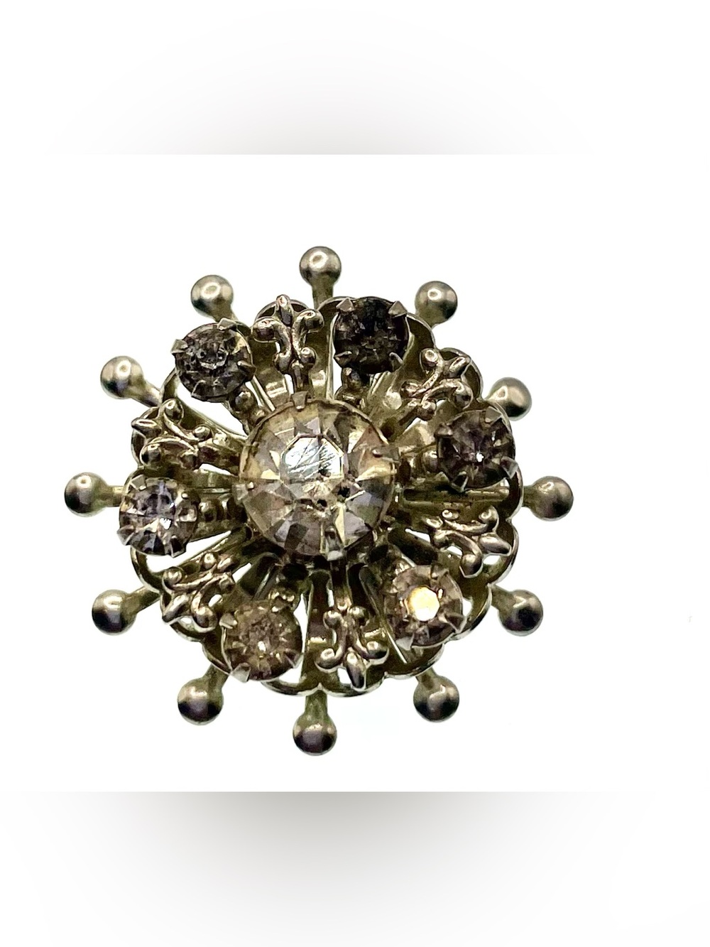 Vintage Atomic Starburst Rhinestone Brooch Silver Tone Mid Century Pin 1.25” MCM